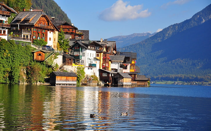 Austria Travel Cities Nature Landscape Wallpaper 1.., white and brown wooden houses near body of water, HD wallpaper