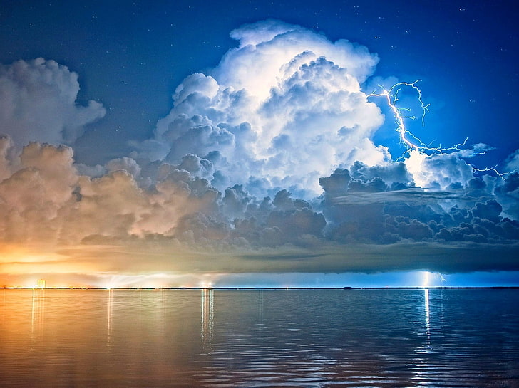 blue, Cape Canaveral, clouds, Florida, landscape, Lightning, nature, sea, Starry Night, storm, Street Light, water, white, yellow, HD wallpaper