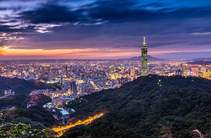 aerial photo of city during sunset, city, cityscape, Taipei 101, building, lights, HDR, HD wallpaper
