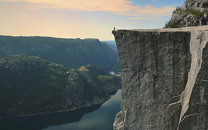 water, Preikestolen, summer, sitting, fjord, landscape, mountains, cliff, nature, Norway, HD wallpaper