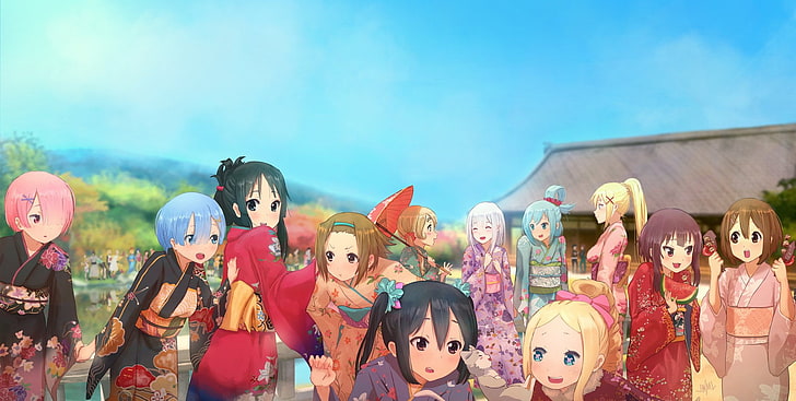Group Of Female Animated Characters Illustration Anime Crossover Aqua Konosuba Hd Wallpaper Wallpaperbetter