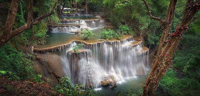 Tailândia, cachoeira, terraços, arbustos, floresta, árvores, tropical, natureza, paisagem, HD papel de parede HD wallpaper