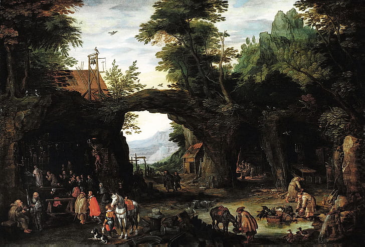 picture, genre, Jan Brueghel the younger, Landscape with the Catholic Mass in the Grotto, HD wallpaper