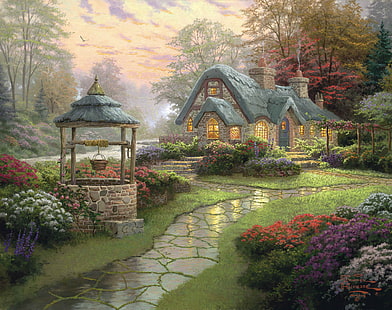brown well painting, forest, flowers, track, Landscape, painting, cottage, Thomas Kinkade, Make A Wish Cottage, well, HD wallpaper HD wallpaper