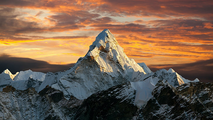 อุทยานแห่งชาติ, ama dablam, ท้องฟ้าสีส้ม, ตอนเย็น, พระอาทิตย์ตกดิน, เทือกเขาหิมาลัย, himalaya, เทือกเขาหิมาลัย, สันเขา, nepal, ลักษณะภูมิประเทศที่เป็นภูเขา, อุทยานแห่งชาติ Sagarmatha, เทือกเขา, ยอด, หิน, หุบเขา gokyo, เมฆ, เทือกเขา, ท้องฟ้า, ภูเขา, วอลล์เปเปอร์ HD