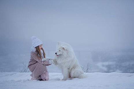 hiver, neige, chien, fille, amis, Samoyède, Fond d'écran HD HD wallpaper