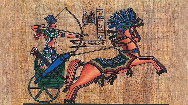 archer pharaoh men animals horse egypt ancient hieroglyphics bow arrows texture papyrus, HD wallpaper