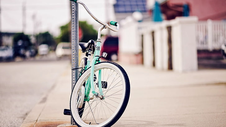 teal and white cruiser bike parked beside post, bicycle, outdoors, urban, depth of field, HD wallpaper