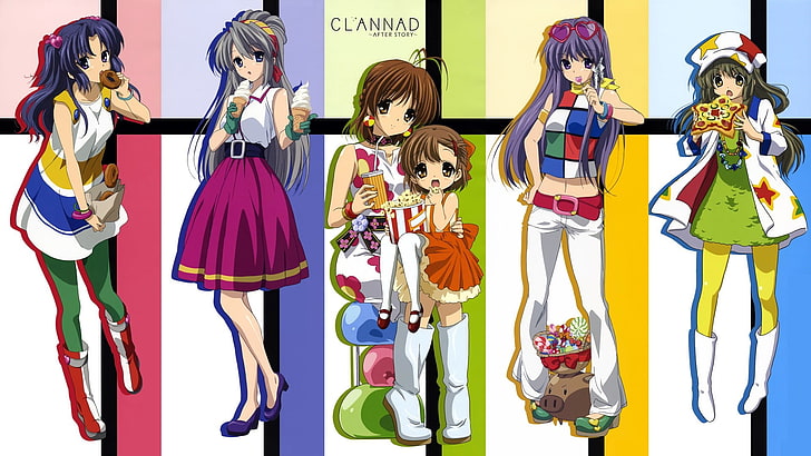 Clannad, Ichinose Kotomi, Sakagami Tomoyo, Furukawa Nagisa, Uschio Okazaki, Fujibayashi Kyou, Ibuki Fuko, Anime-Mädchen, Collage, HD-Hintergrundbild