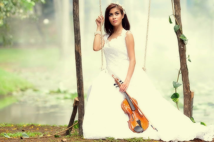 Women, Bride, Brunette, Girl, Instrument, Model, Violin, Wedding Dress, White Dress, Woman, HD wallpaper