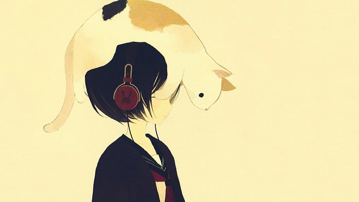 anime girl, cat, headphones, short hair, Anime, HD wallpaper