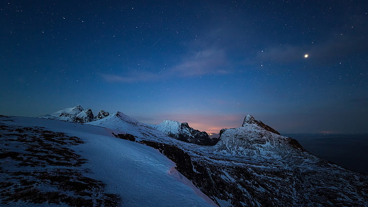 جبل مغطى بالثلوج ، منظر طبيعي ، جبال ، طبيعة ، نجوم ، سماء ، نيفادا، خلفية HD