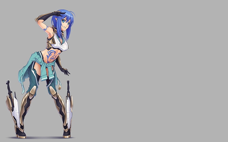 blauhaarige weibliche Anime-Figur, Anime-Mädchen, Anime, blaues Haar, blaue Augen, Strümpfe, originelle Charaktere, kurzes Haar, Handschuhe, HD-Hintergrundbild
