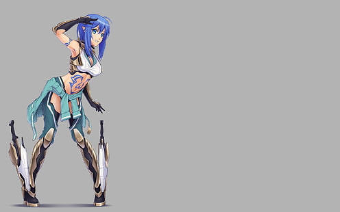 personagem de anime feminino de cabelos azuis, garotas de anime, anime, cabelo azul, olhos azuis, coxa alta, personagens originais, cabelo curto, luvas, HD papel de parede HD wallpaper