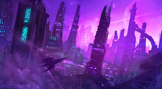 Sci Fi, City, Building, Futuristic, Purple, Skyscraper, Vehicle, HD wallpaper HD wallpaper