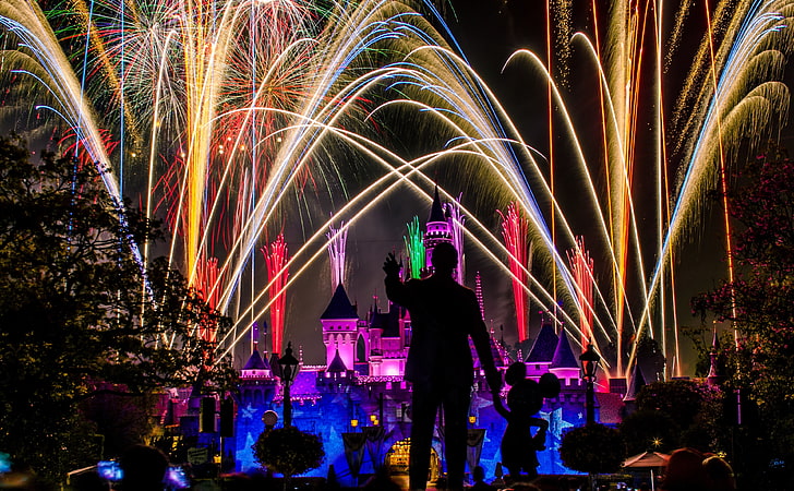 Lembre-se de sonhos se tornar realidade, Mickey Mouse, Feriados, Ano Novo, Magia, Colorido, À noite, Fogos de artifício, Castelo, Disneyland, HD papel de parede