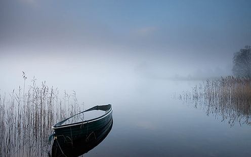 ボート手Rowぎ湖霧霧HD、灰色のカヌー、自然、湖、霧、霧、ボート、手rowぎボート、 HDデスクトップの壁紙 HD wallpaper