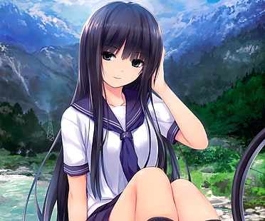 anime dziewczyny, długie włosy, Coffee-Kizoku, mundurek szkolny, uczennica, ciemne włosy, Tapety HD HD wallpaper