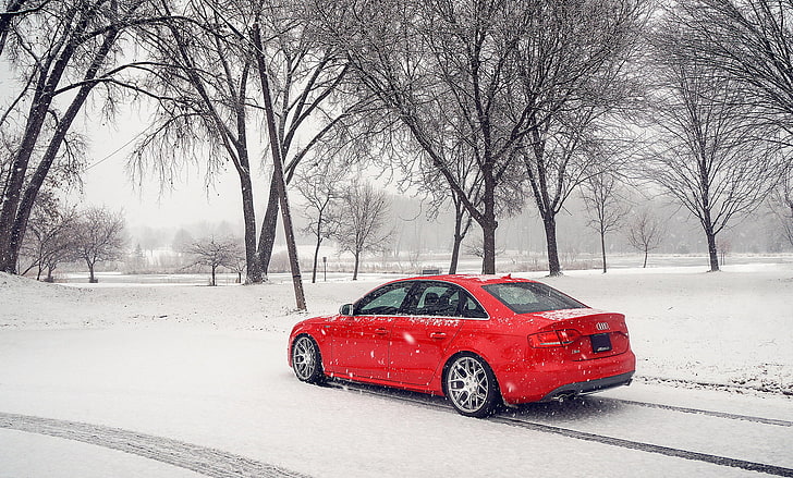 winter, snow, Audi, red, HD wallpaper