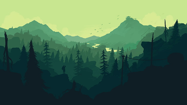 shade of green landscape wallpaper, forest, Firewatch, nature, digital art, mountains, video games, artwork, HD wallpaper