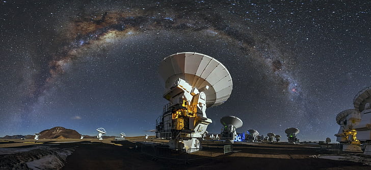 Milky Way, starry night, galaxy, landscape, technology, long exposure, nature, Atacama Desert, ALMA Observatory, Chile, HD wallpaper