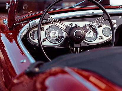 black vehicle steering wheel, oldtimer, convertible, speedometer, steering wheel, car, HD wallpaper HD wallpaper
