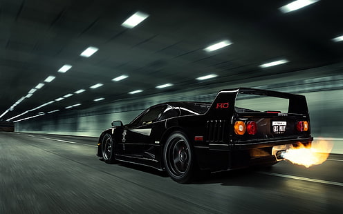 cupê esportivo preto, preto, Ferrari, F40, chama, macaco de gás, HD papel de parede HD wallpaper