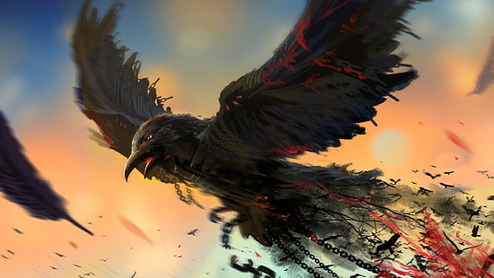 illustrazione di uccello nero, uccelli, catene, opera d'arte, corvo, sangue, arte digitale, fantasy art, animali, Sfondo HD HD wallpaper