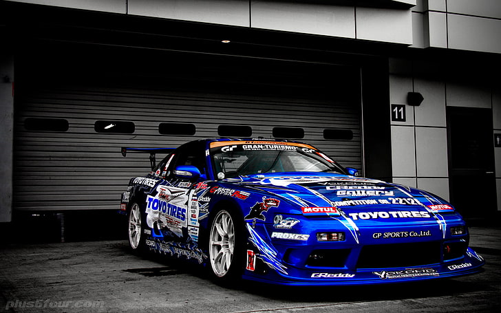 niebieski samochód wyścigowy, Nissan, tuning, samochody wyścigowe, niebieskie samochody, wybiórcze barwienie, pojazd, Tapety HD