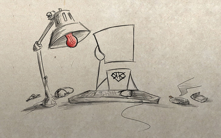 illustration de lampe de bureau et ordinateur, ampoule, figure, lampe, souris, cigarette, crayon, clavier, clés, cendrier, l'utilisateur, un paquet de cigarettes, Fond d'écran HD