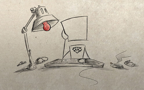 illustration de lampe de bureau et ordinateur, ampoule, figure, lampe, souris, cigarette, crayon, clavier, clés, cendrier, l'utilisateur, un paquet de cigarettes, Fond d'écran HD HD wallpaper
