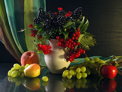 sztuczne winogrona i jabłka, martwa natura, owoce, winogrona, jabłka, jarzębina, Tapety HD HD wallpaper