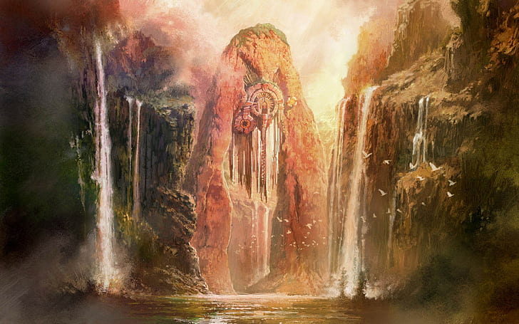 arte fantasia, cachoeira, HD papel de parede