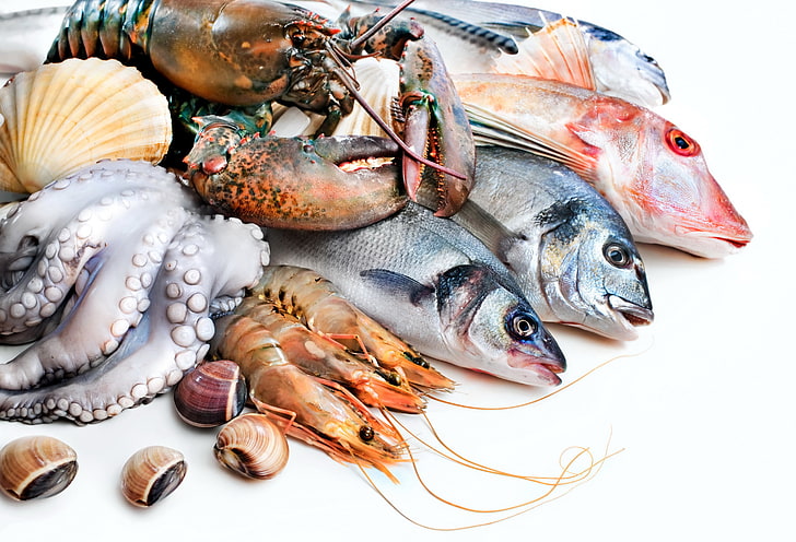 морепродукты, рыба, осьминог, омар, креветки, морепродукты, HD обои