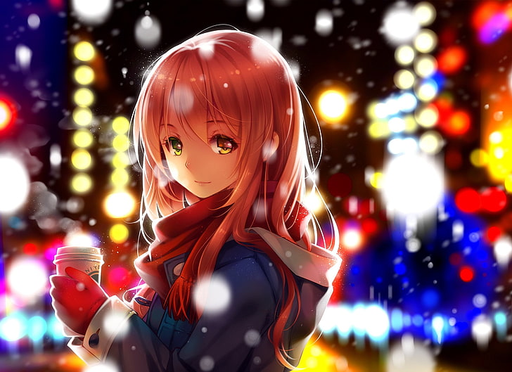 Menino anime, vista de perfil, lenço vermelho, inverno, neve, café, anime,  HD papel de parede