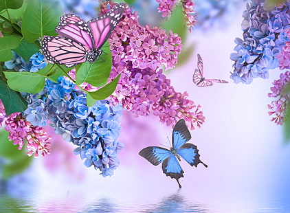 Цветя, люляк, синьо цвете, пеперуда, цвете, розово цвете, пролет, HD тапет HD wallpaper