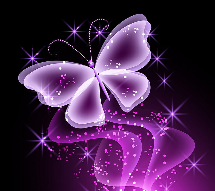 purple butterfly digital wallpaper, butterfly, abstract, glow, neon, purple, sparkle, HD wallpaper