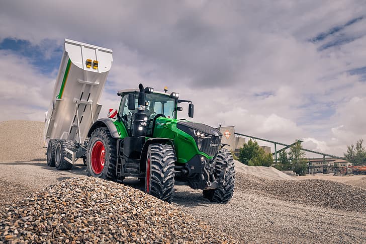 white, the sky, tractor, green, gravel, the trailer, wheel, agricultural machinery, Fendt, Fendt 1050 Vario, piles of stone, the trailer-truck, HD wallpaper