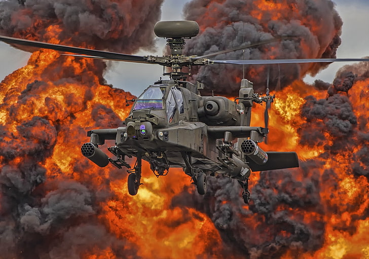 Elicotteri militari, aerei, elicotteri d'attacco, Boeing AH-64 Apache, esplosione, elicottero, Sfondo HD