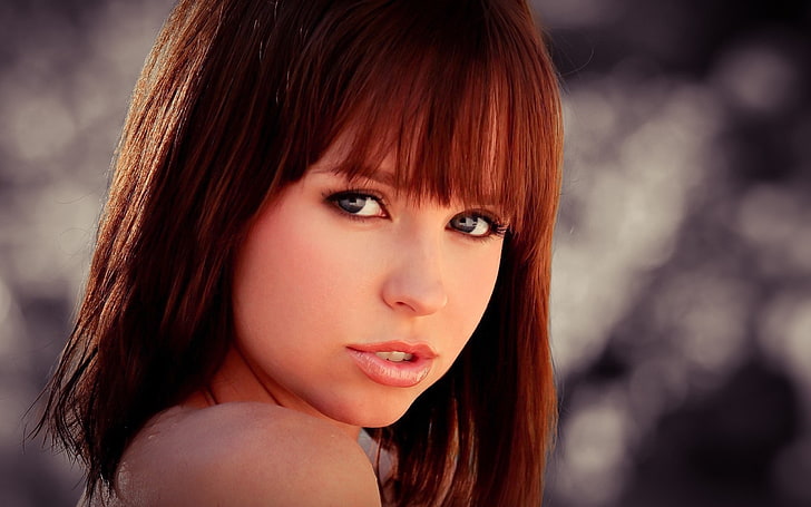 woman's face, bokeh photo of brown-haired woman during daytime, women, redhead, Hayden Winters, face, portrait, bangs, open mouth, depth of field, bokeh, gloss, blue eyes, HD wallpaper