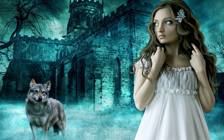 Вне замка фантазийная девушка и волк, шатенка с лисьими обоями, Снаружи, замок, фэнтези, девушка, волк, HD обои