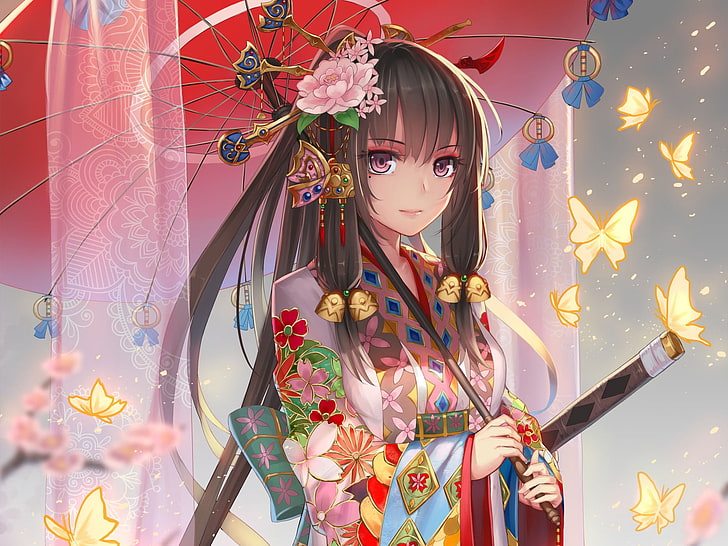 anime, anime girls, long hair, kimono, sword, umbrella, Japanese clothes, dark hair, hair ornament, HD wallpaper