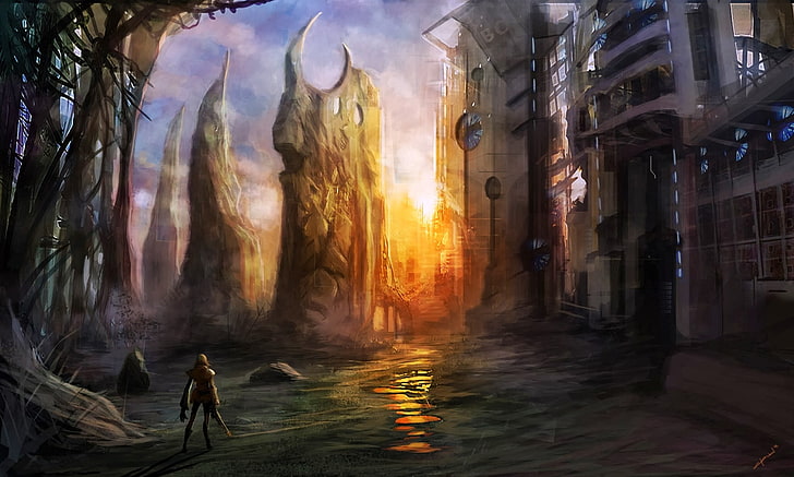 brązowy drewniany obraz przedstawiający kobietę, sztukę fantasy, fantastykę naukową, miasto fantasy, Tapety HD