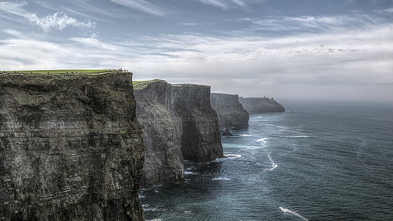 崖、海岸、モハーの崖、岬、岬、空、水、雲、リスカナー、クリッペ、海岸、海、岩、岬、アイルランド、大西洋、 HDデスクトップの壁紙 HD wallpaper