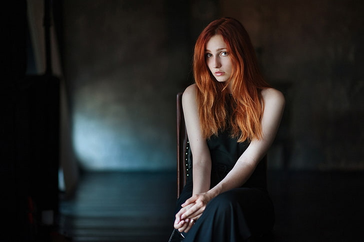 redhead, model, sitting, Vladislava Masko, black dress, women, chair, HD wallpaper