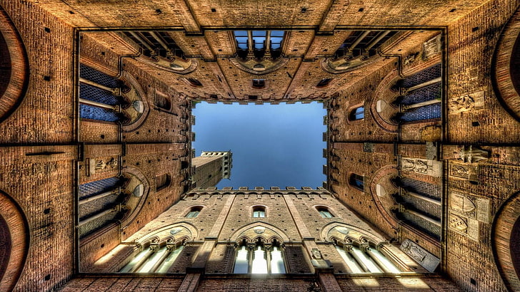 арка, симметрия, Торре-дель-Манджа, древняя история, историческое место, фасад, башня, архитектура, Сиена, Италия, Тоскана, HD обои