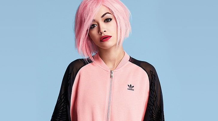 adidas-Jacke mit durchgehendem Reißverschluss in Pink und Schwarz für Damen, Rita Ora, Rita Sahatciu, Sängerin, Berühmtheit, Pink, Fotoshooting, HD-Hintergrundbild