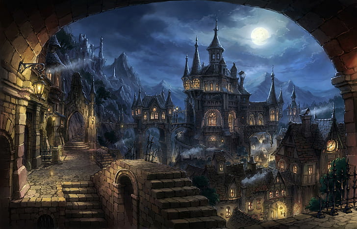 anime, castle, night, city, stones, Moon, sky, mountains, clouds, haze, summer, Gothic, HD wallpaper
