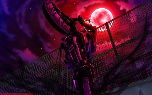 red moon illustration, anime, Celty Sturluson, Durarara!!, motorcycle, fence, Moon, HD wallpaper HD wallpaper