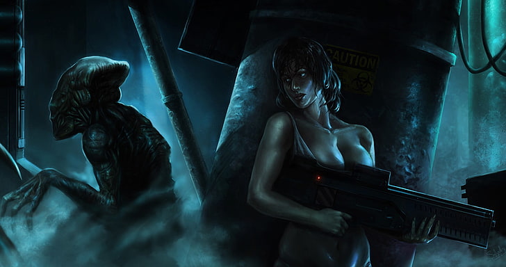 femme tenant un fusil derrière un fond d'écran numérique extraterrestre, fille, armes, fumée, monstre, art, machine, extraterrestre, se cachant, Fond d'écran HD